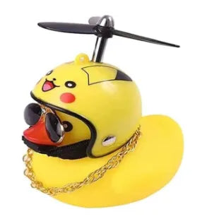 Yellow Pikachu-themed rubber duck with sunglasses, a motorcycle helmet, and chain accessories. Perfect for playful decor.