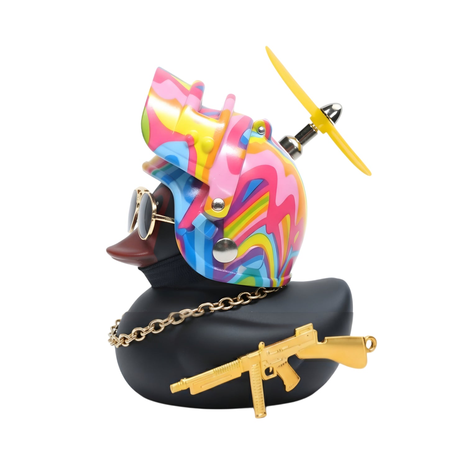 Colorful rainbow-patterned rubber duck with a helmet, sunglasses, and a gold chain, featuring a toy gun accessory.