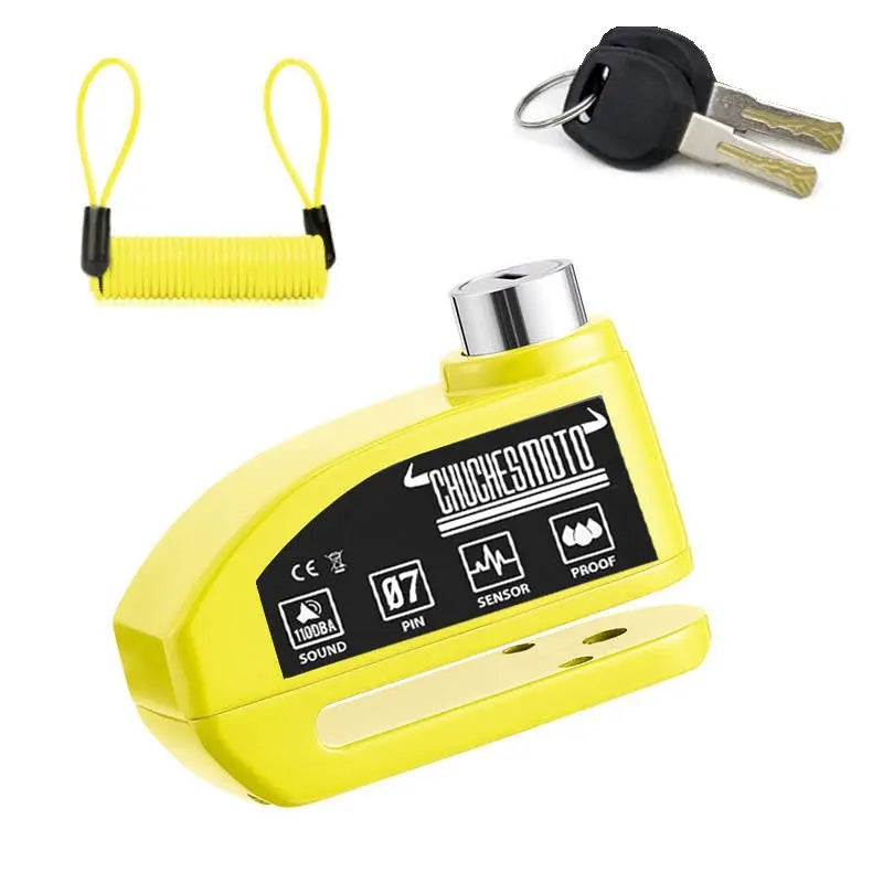 Vibrant yellow motorcycle disk lock with alarm, key, and tether; durable material for security and safety.