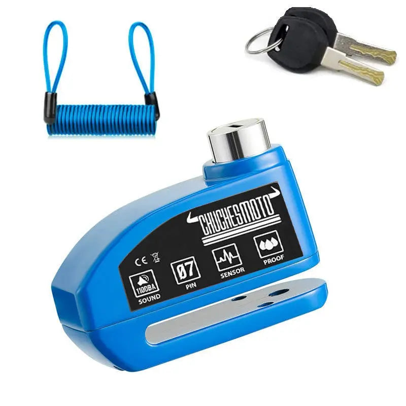 Blue motorcycle disc brake lock with alarm, key set, and coiled cable, ensuring security and safety for riders.