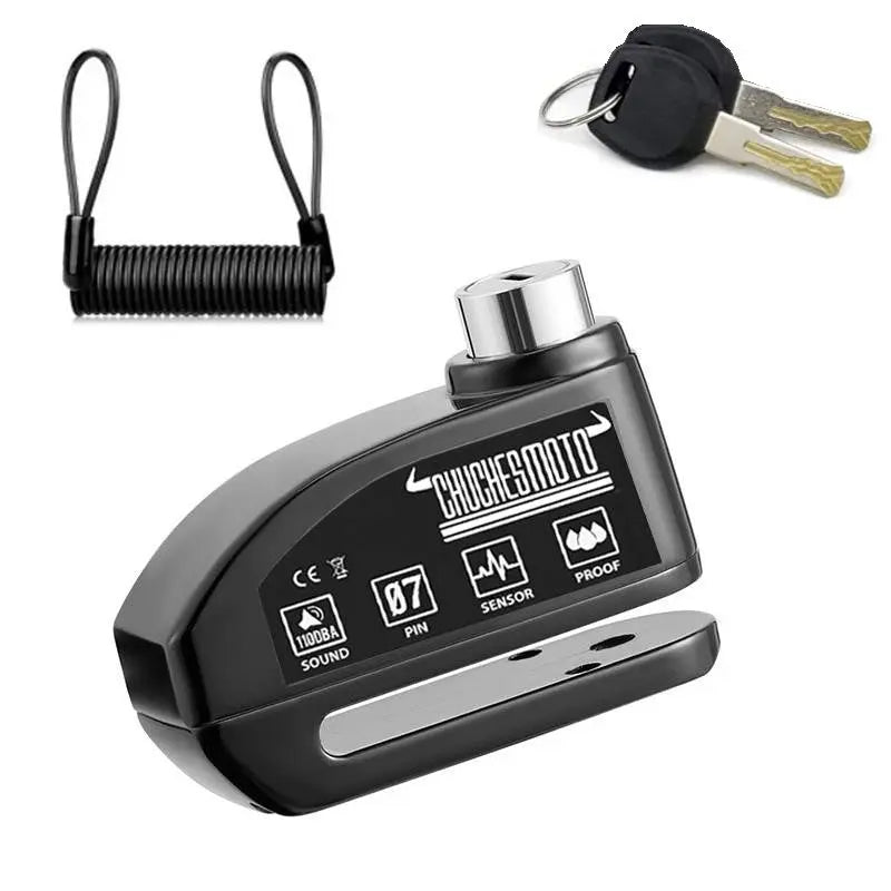 Black motorcycle disc lock with alarm, includes coiled cable and two keys, designed for security and durability.