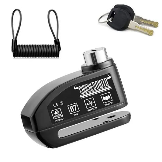 Black motorcycle disc lock with alarm, includes coiled cable and two keys, designed for security and durability.