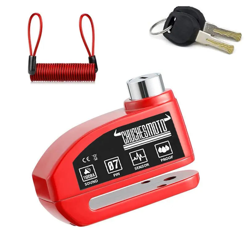 Red motorcycle disc lock with pin, sensor-proof technology, and included keys for enhanced security.