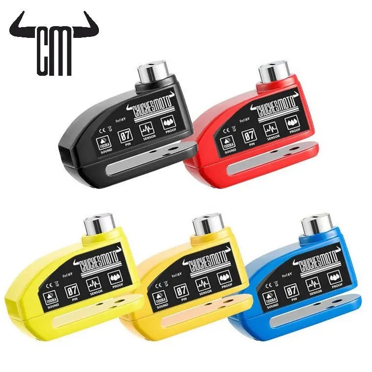 Colorful motorcycle disc locks in black, red, yellow, and blue. Durable metal construction for maximum security.