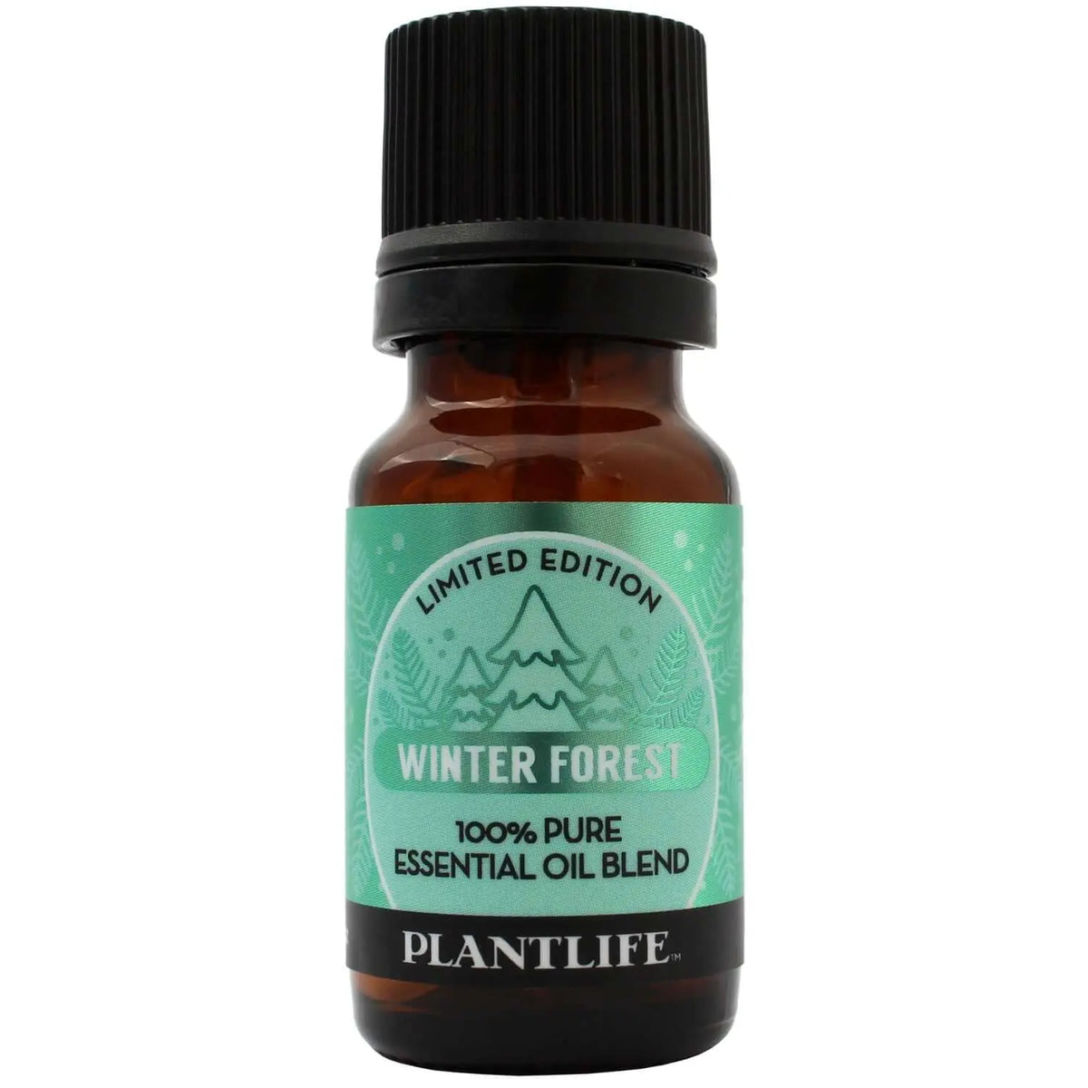 Amber glass bottle with a black cap and mint green label featuring a pine tree icon and Winter Forest text.