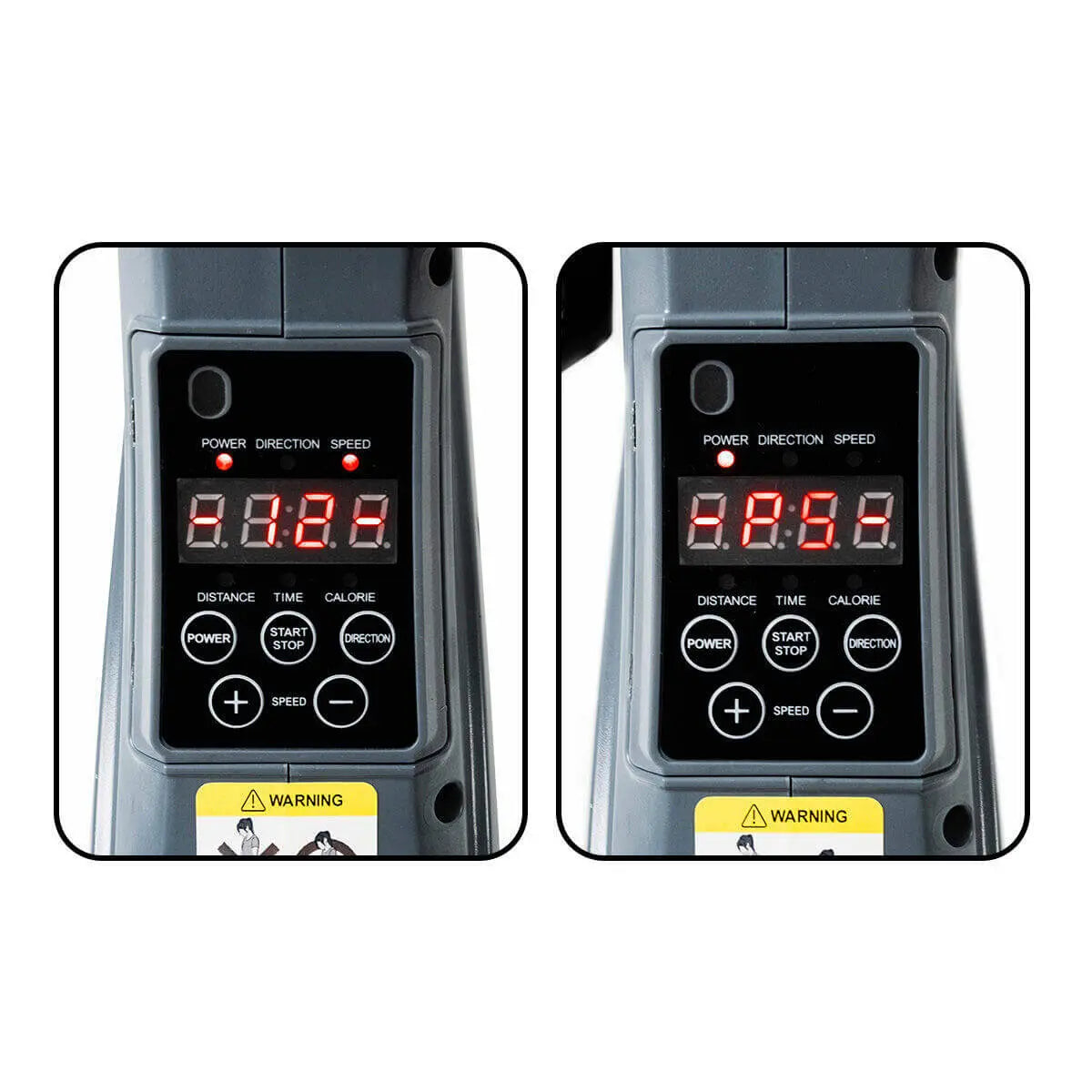 Mando de control para pedaleador eléctrico con pantalla LED roja, botones de funciones y etiqueta de advertencia.