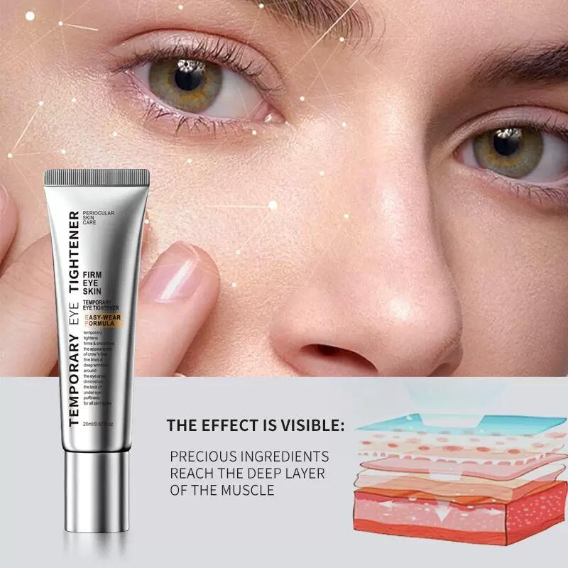 Tubo de crema de contorno de ojos junto a una ilustración de las capas de la piel y un primer plano de unos ojos.