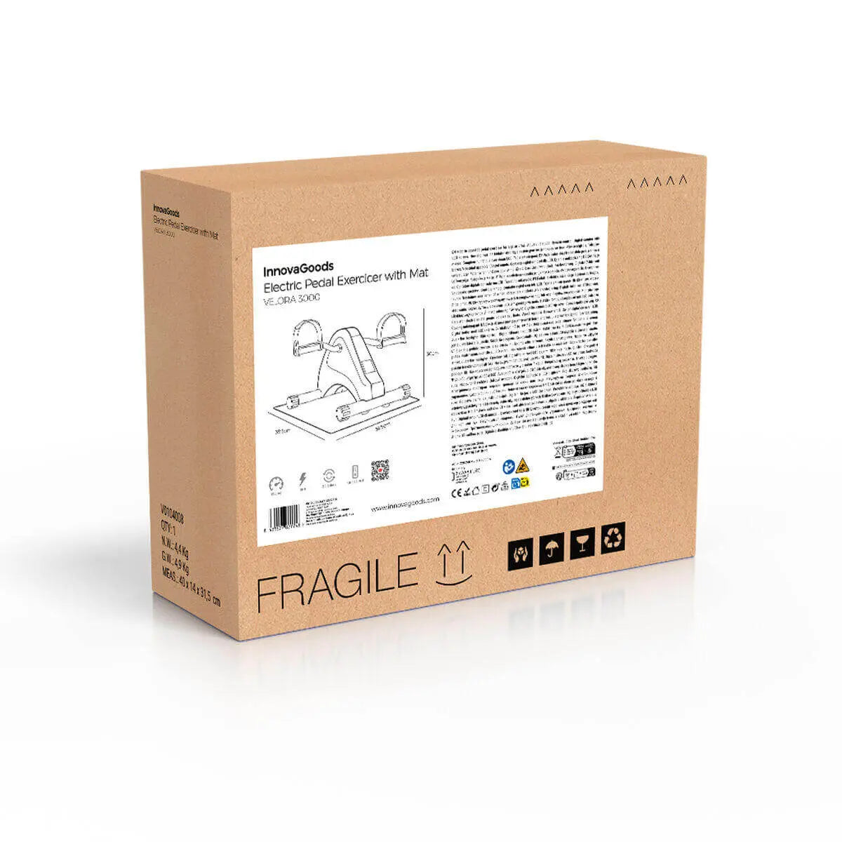 Caja de cartón marrón con etiqueta técnica que muestra un pedaleador eléctrico para brazos y piernas, con iconos.
