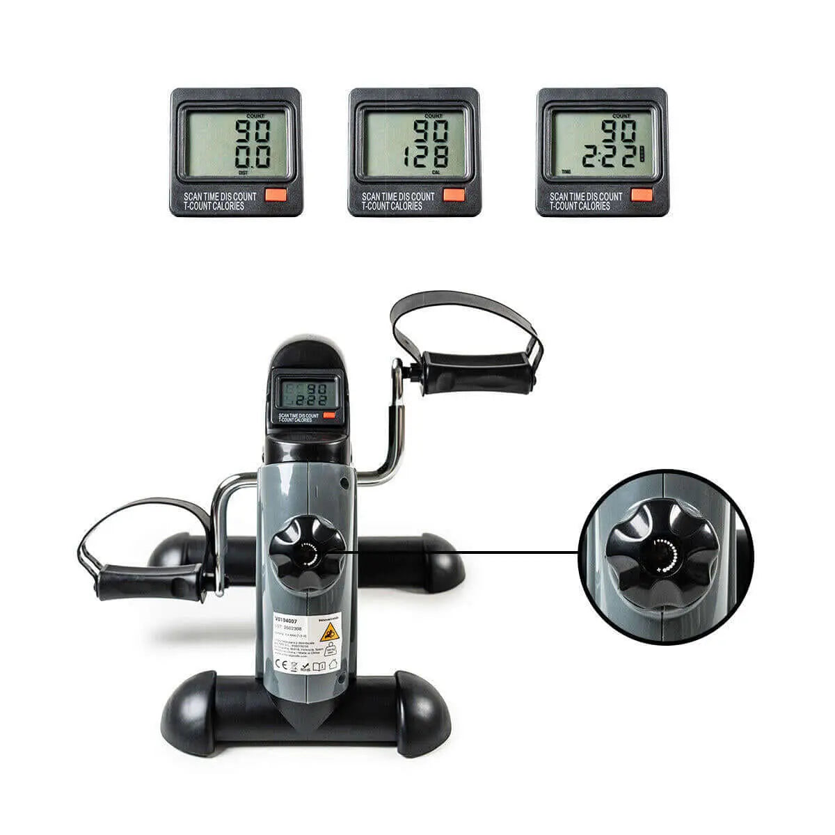 Pedaleador gris y negro para brazos y piernas con pantalla digital, pedales con correas y perilla de ajuste de tensión.