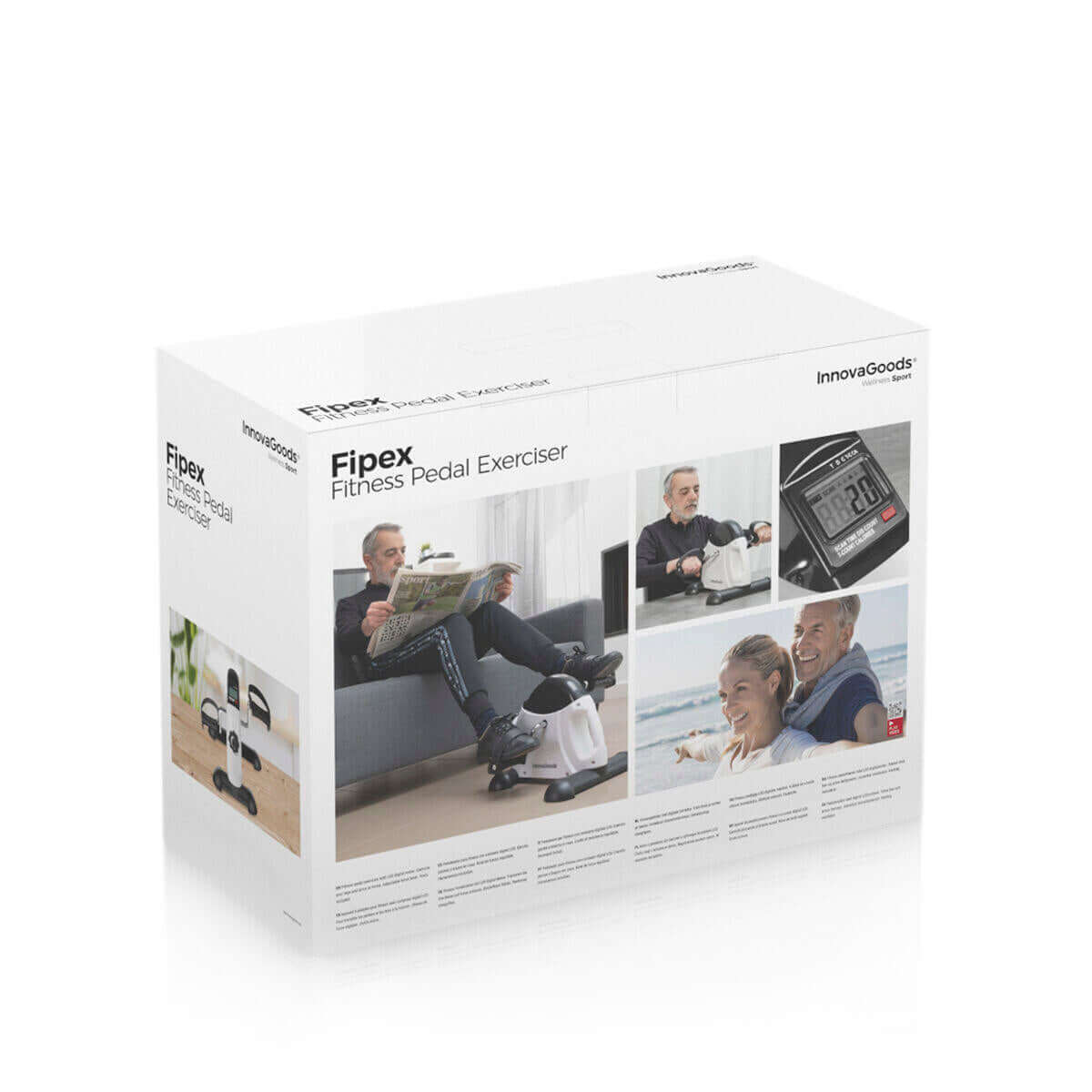 Caja de pedaleador compacto blanco para brazos y piernas, con pantalla LCD, imágenes de uso y diseño fitness.