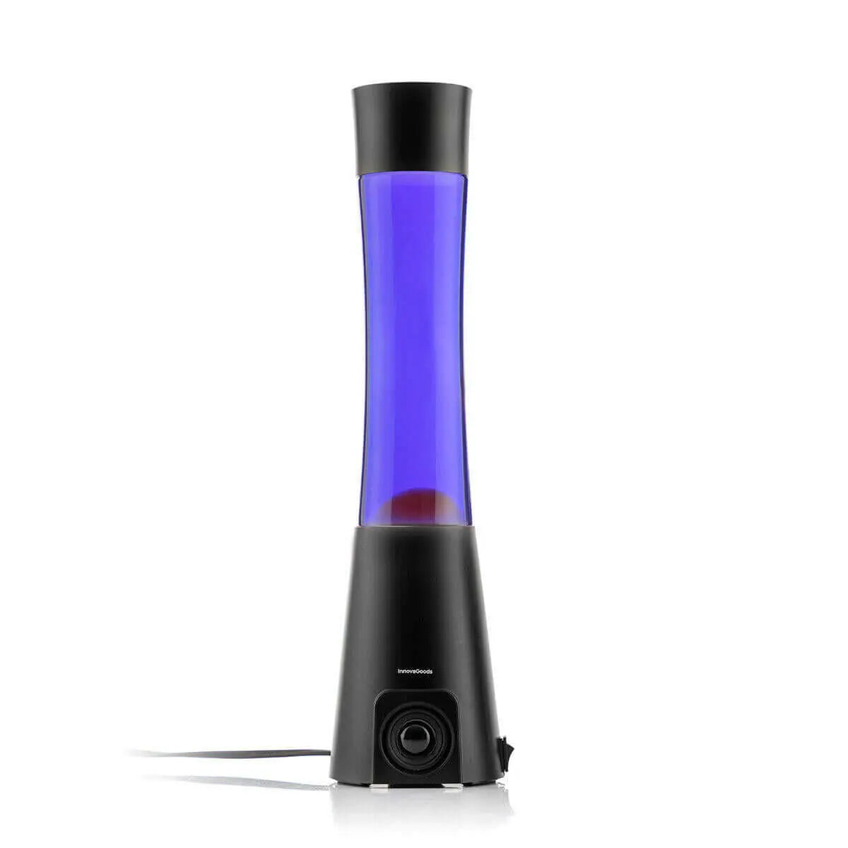 Lámpara de lava con cuerpo negro, cilindro de cristal azul y altavoz integrado en la base sobre fondo blanco.