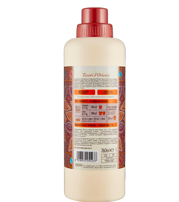 Botella de suavizante de 760 ml con tapa roja y etiqueta decorativa con patrones geométricos naranjas y marrones.