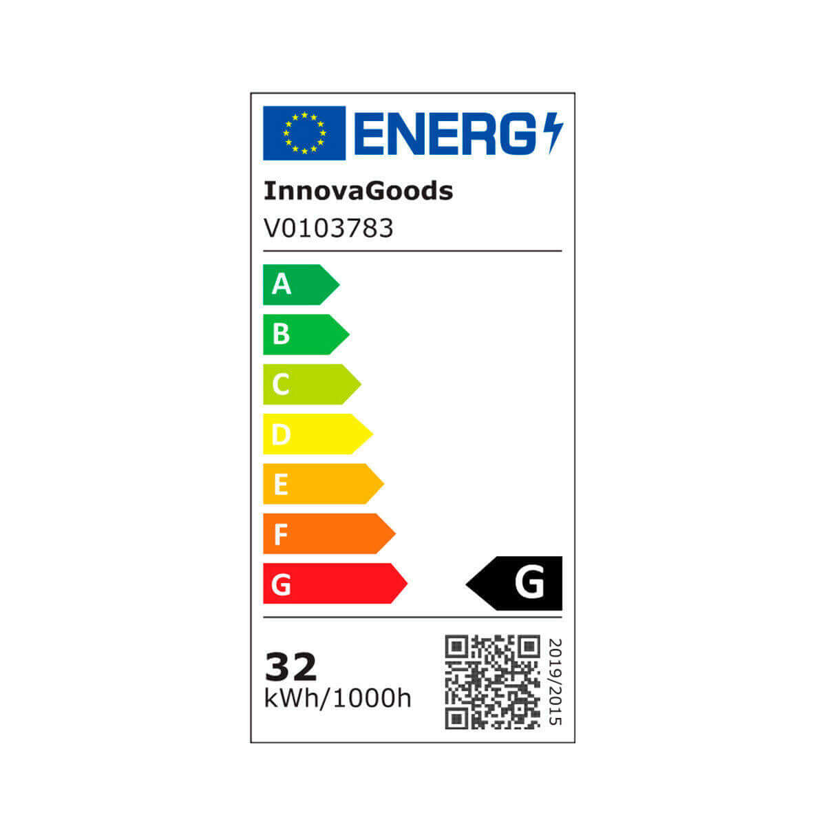 Etiqueta de eficiencia energética europea que muestra una clasificación de clase G y un consumo de 32 kWh/1000h.