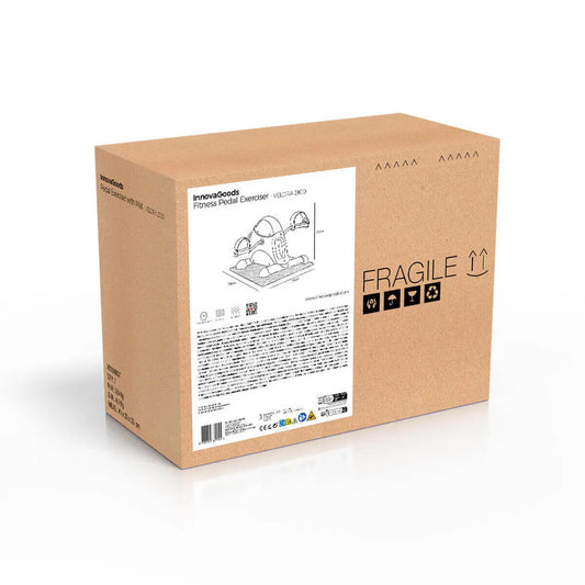 Caja de cartón marrón con etiqueta blanca que muestra un pedaleador para brazos y piernas y su esterilla.