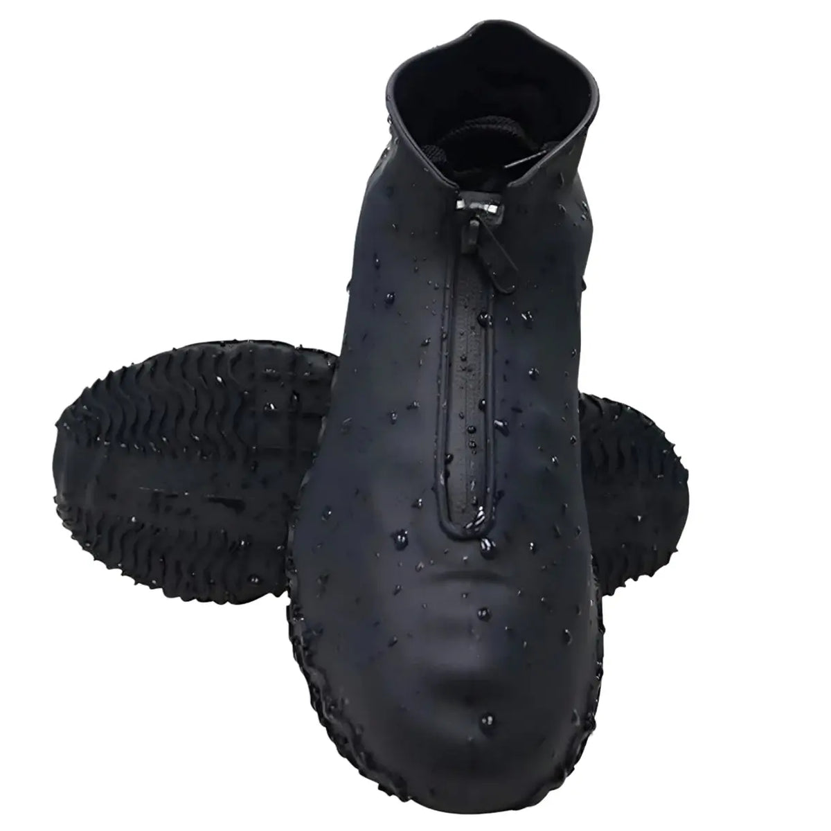 Black waterproof ankle boots with a zipper, textured upper, and textured rubber sole for enhanced grip.