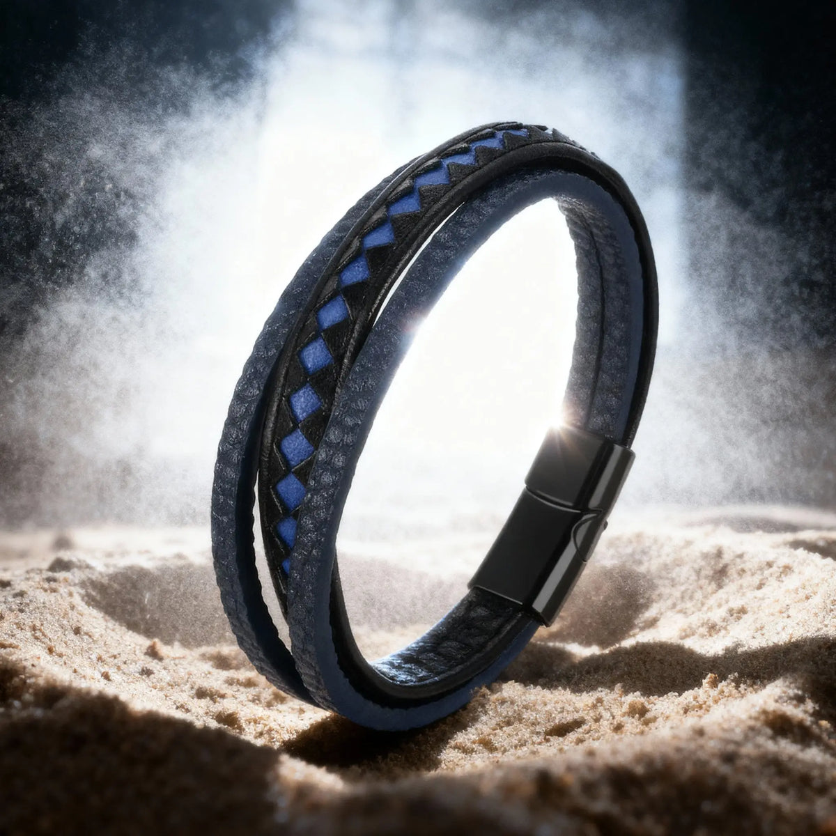 Pulsera Taurus · Pulsera de cuero auténtico trenzado con detalles azules y cierre de aluminio