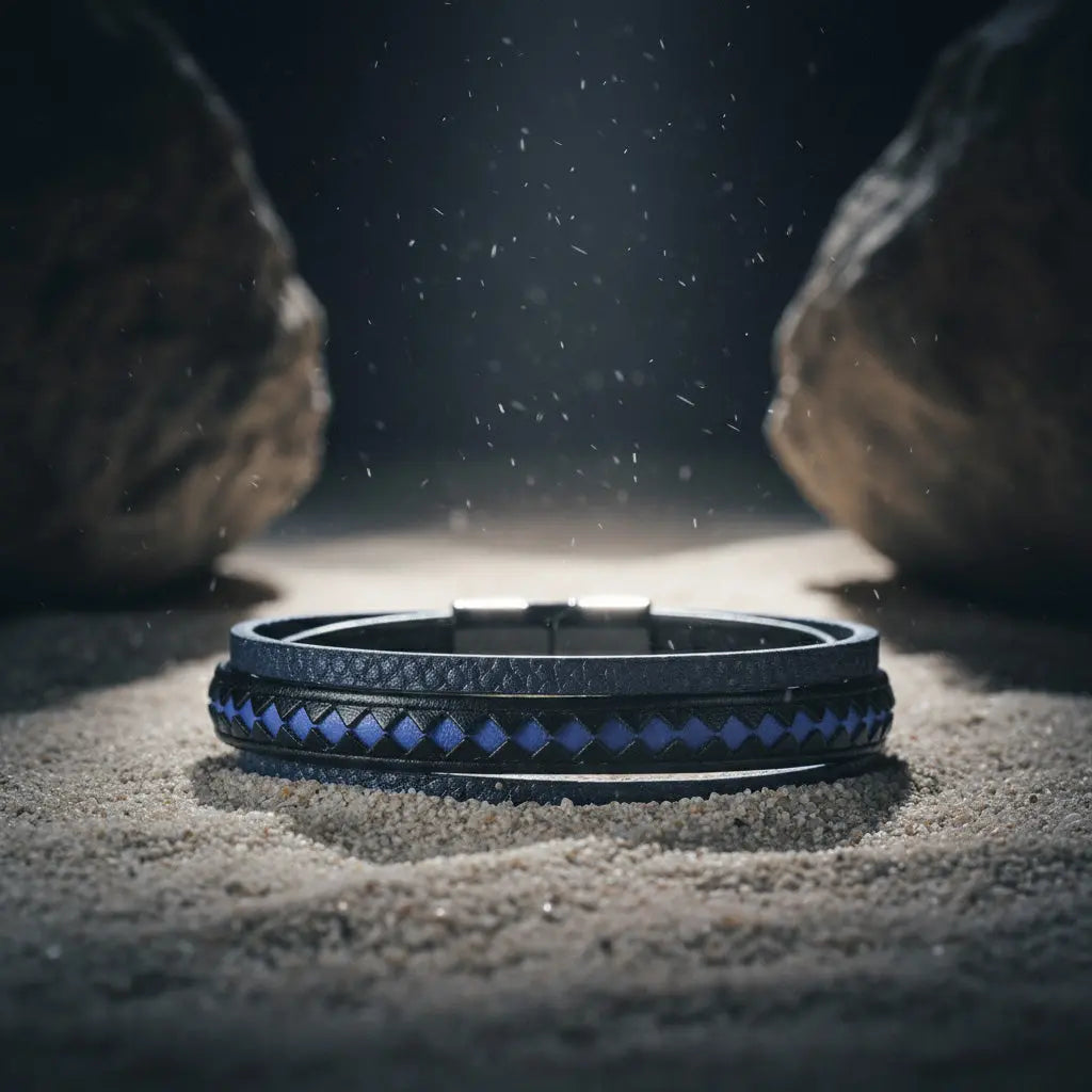 Pulsera Taurus · Pulsera de cuero auténtico trenzado con detalles azules y cierre de aluminio