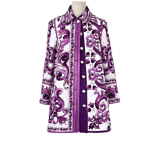 Long-sleeve purple and white brocade overcoat with intricate Majolica scroll print, button front, and shirt collar.