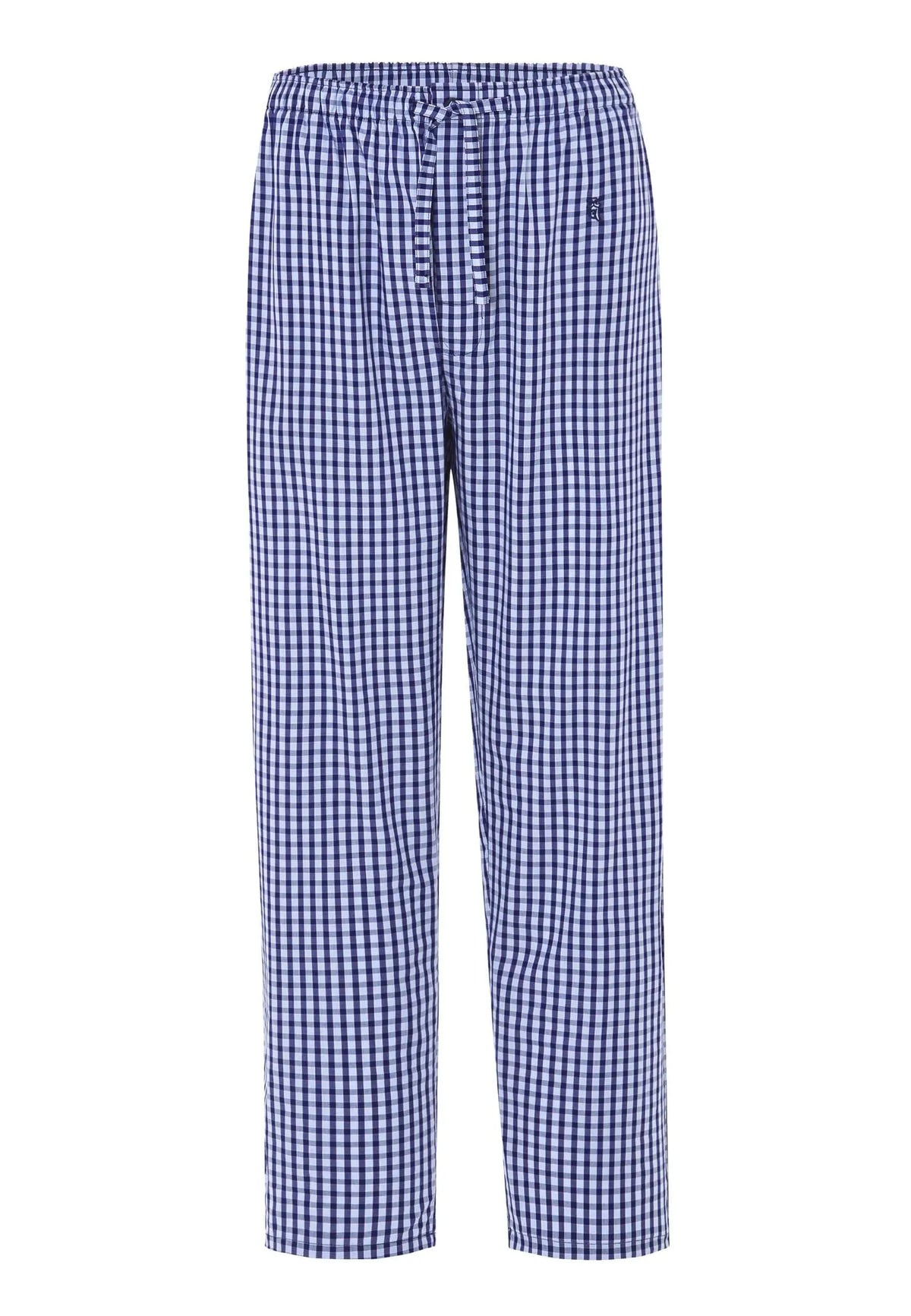 Pantalón de pijama largo para hombre de algodón popelín, diseño de cuadros azules y blancos con cintura elástica.