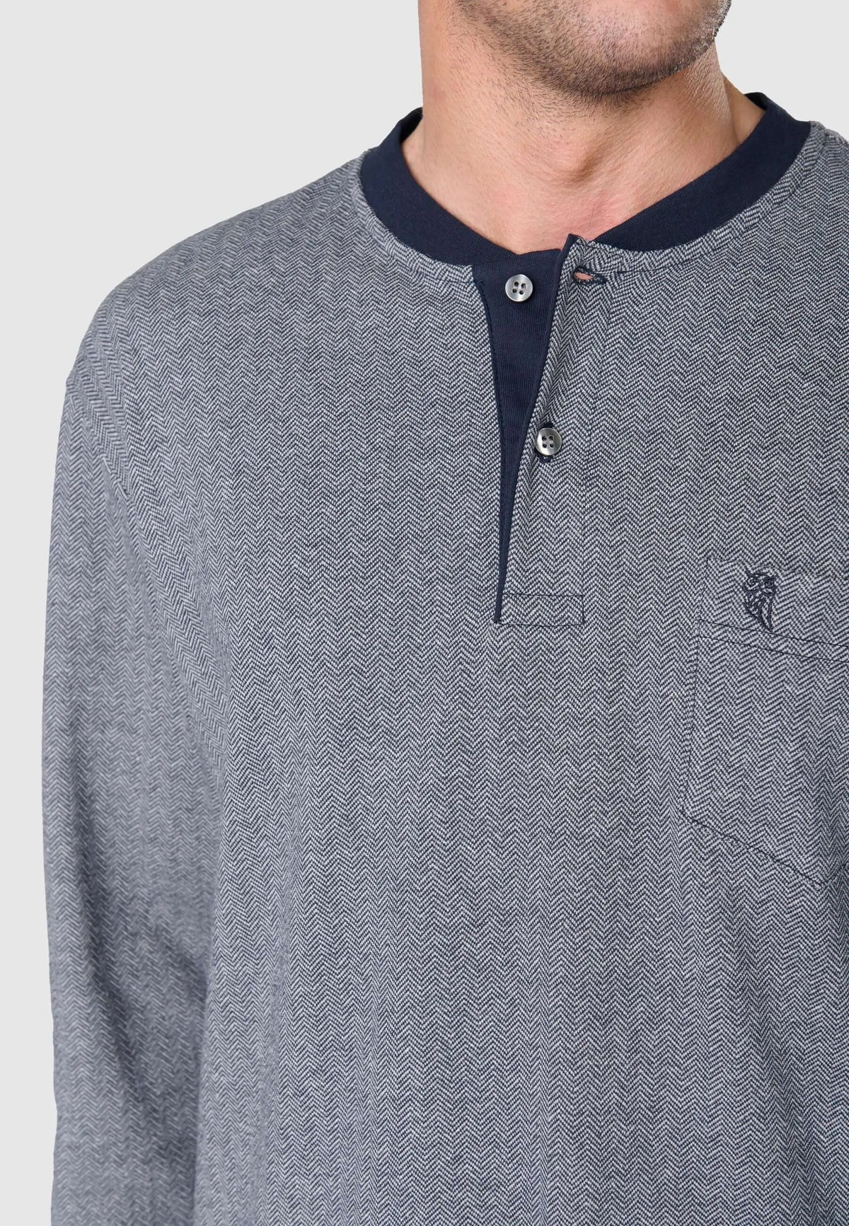 Pijama de invierno para hombre, camiseta azul de algodón con estampado de espiga, tapeta de botones y bolsillo.