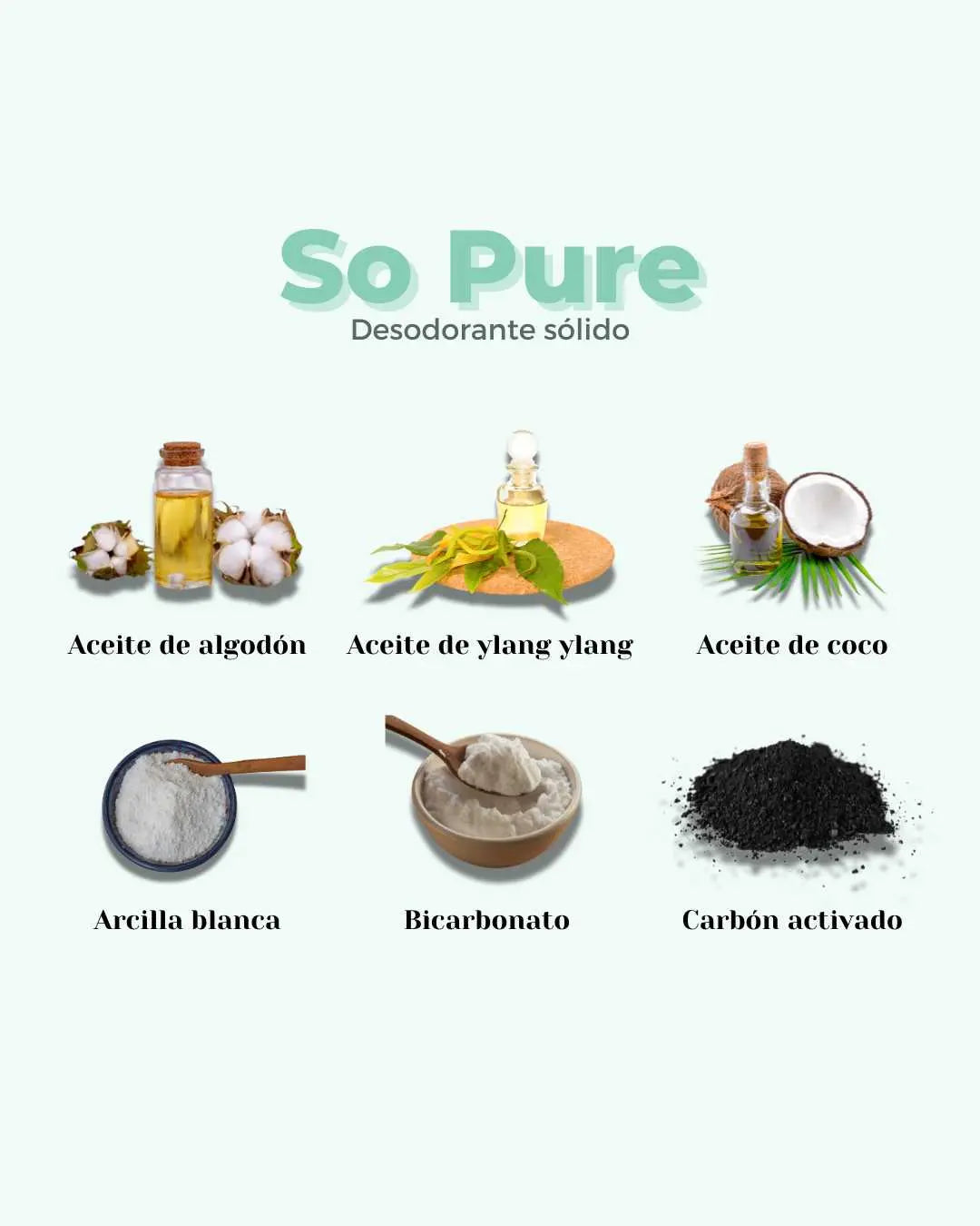 Ingredientes naturales del desodorante Banbu So Pure: algodón, ylang ylang, coco, arcilla, bicarbonato y carbón activo.