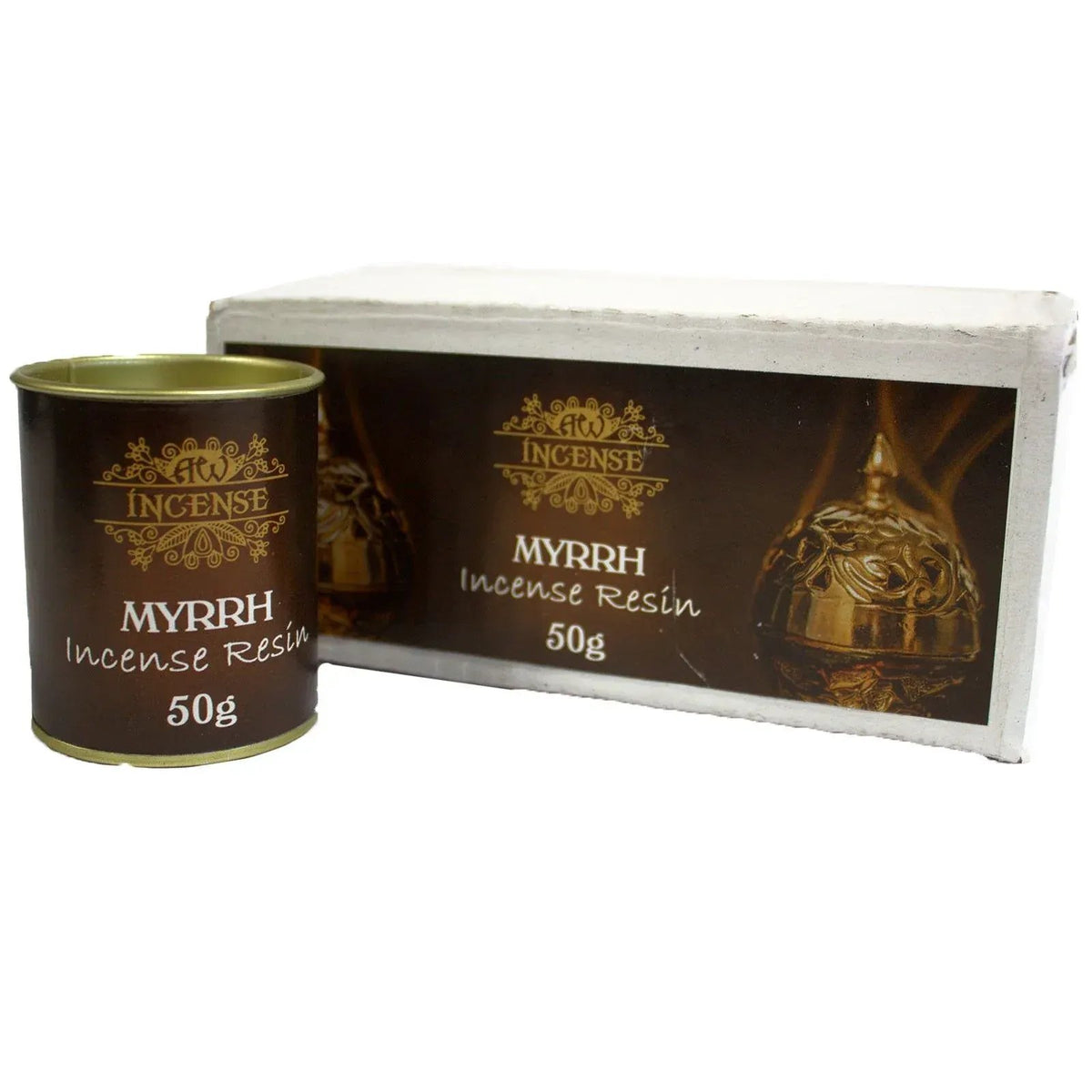 Lata cilíndrica y caja rectangular con resina de mirra en tonos marrones y dorados sobre fondo blanco