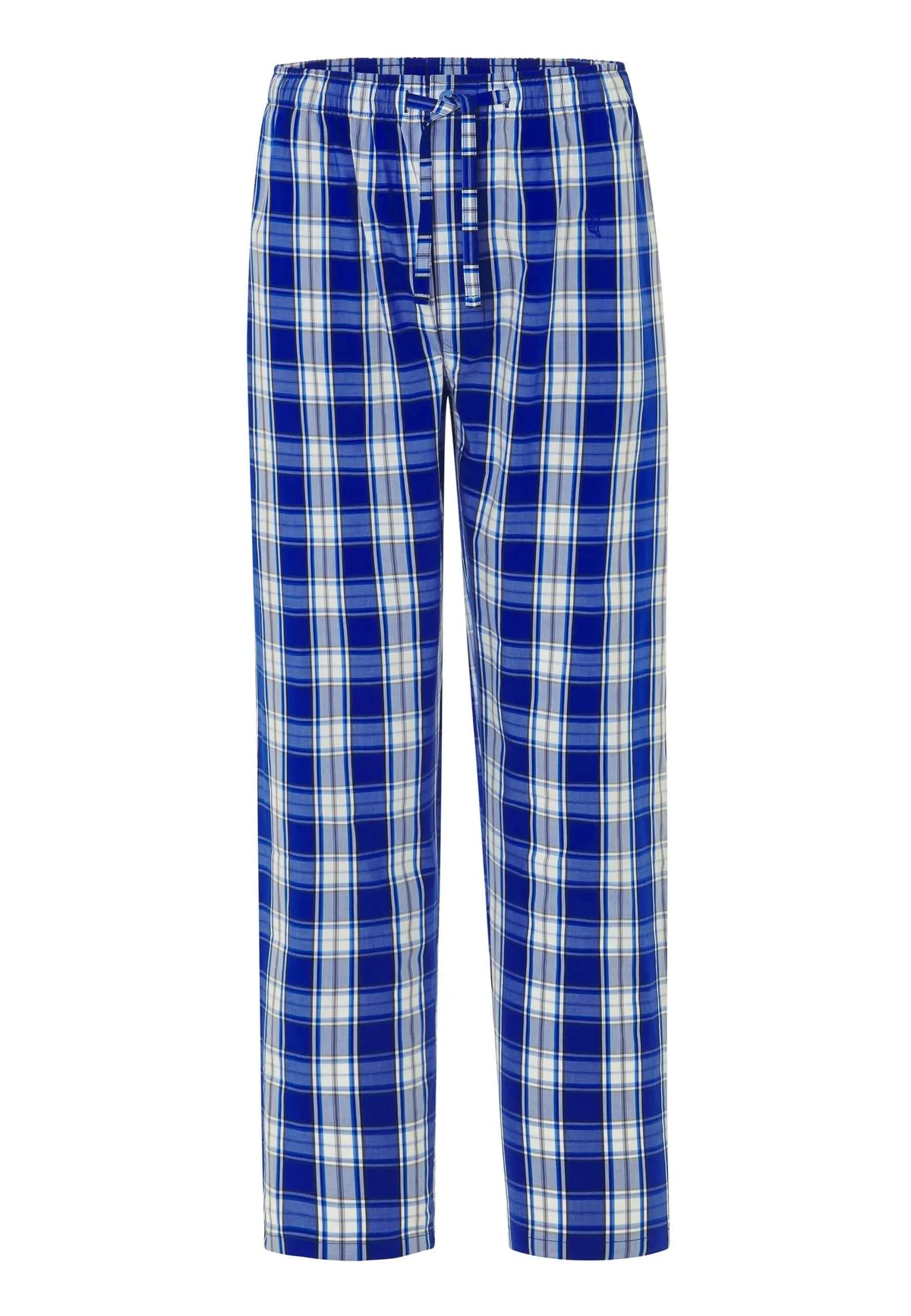 Pantalón de pijama largo para hombre de algodón, estampado de cuadros azules y blancos con ajuste recto y cordón.