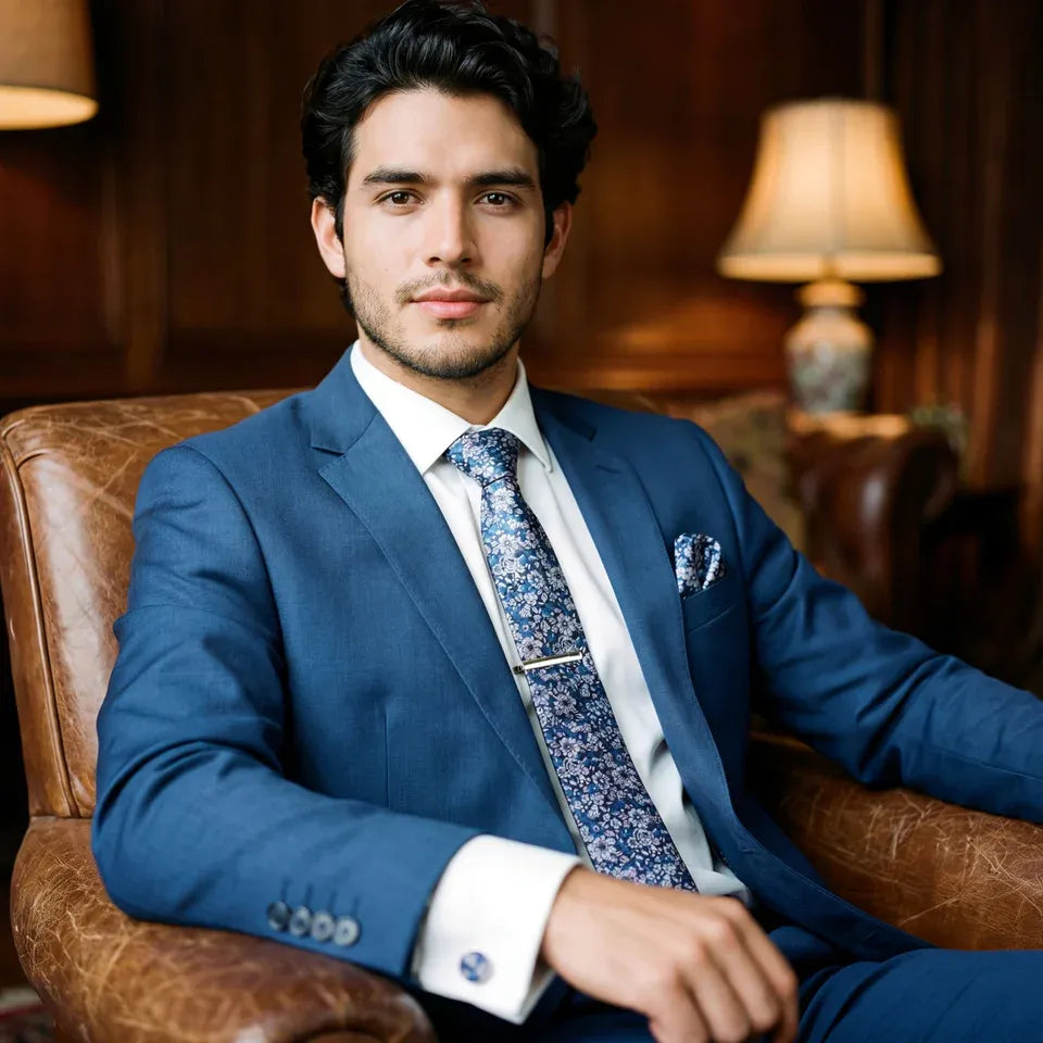 Salvias · conjunto de corbata floral azul y rosa con pañuelo, gemelos y pasador