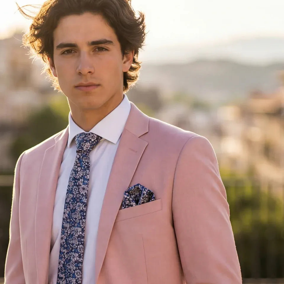 Salvias · conjunto de corbata floral azul y rosa con pañuelo, gemelos y pasador