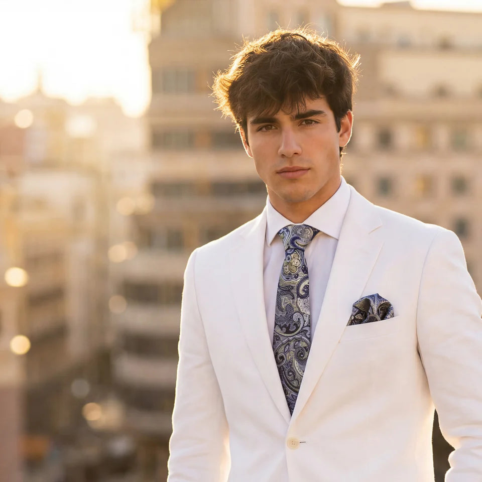 Soissons · conjunto de corbata con estampado paisley azul y platino con pañuelo, gemelos y pasador