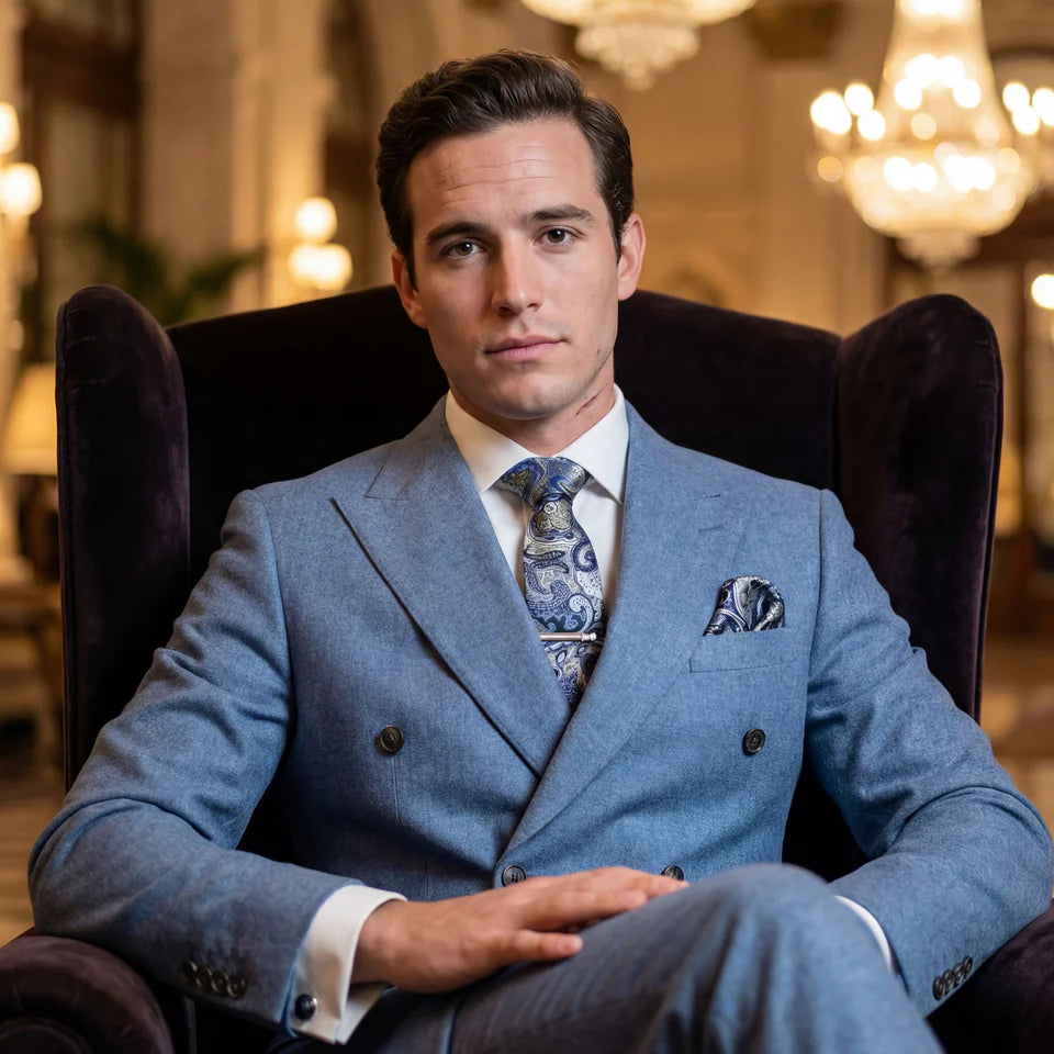 Soissons · conjunto de corbata con estampado paisley azul y platino con pañuelo, gemelos y pasador