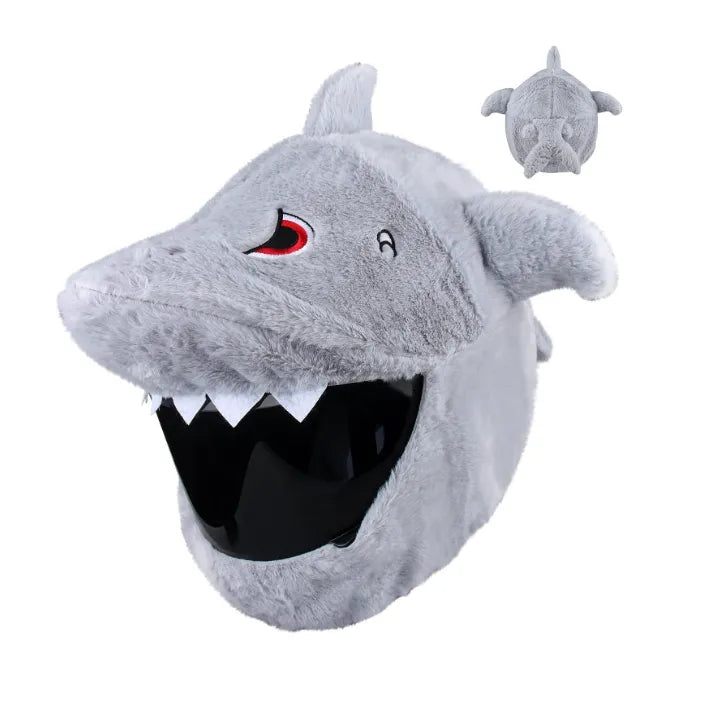 Gray plush shark helmet with black visor and red eyes, perfect for costume parties or playful cosplay.