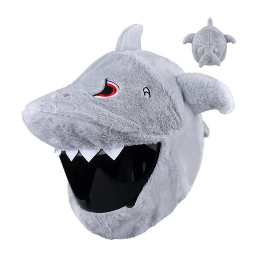 Gray plush shark helmet with black visor and red eyes, perfect for costume parties or playful cosplay.
