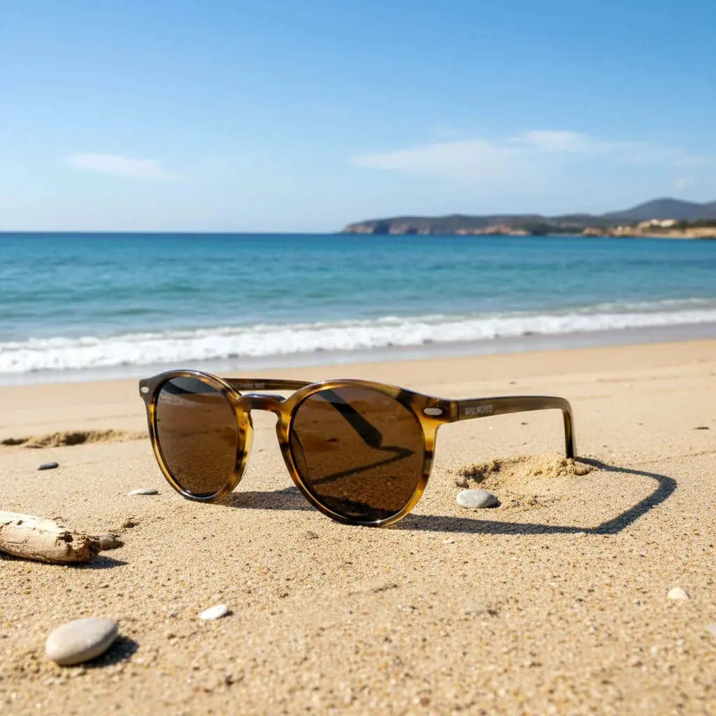 Gafas de sol redondas con montura de acetato efecto carey naranja y lentes marrones sobre la arena de una playa.