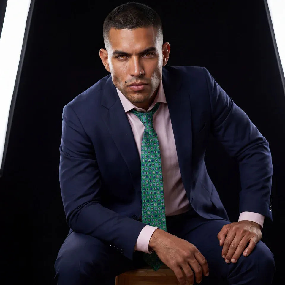 Trieste · corbata estilo italiano verde con rombos azules