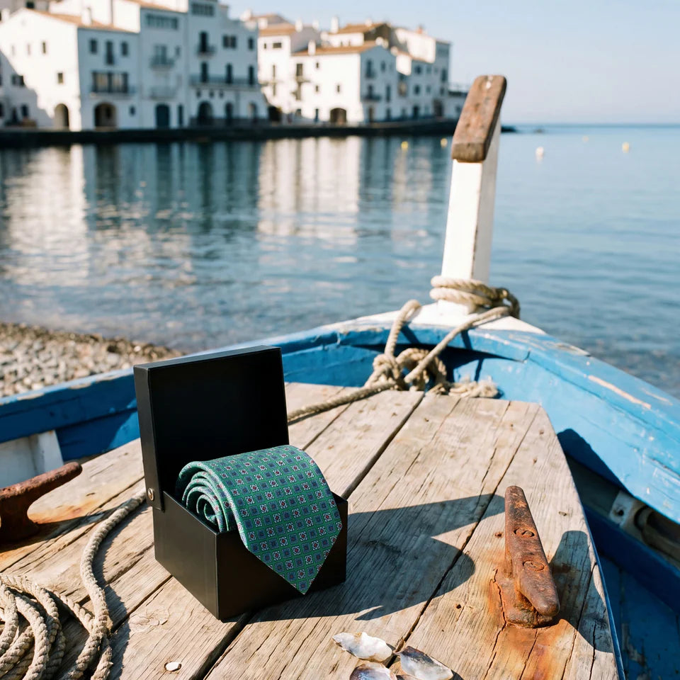 Trieste · corbata estilo italiano verde con rombos azules