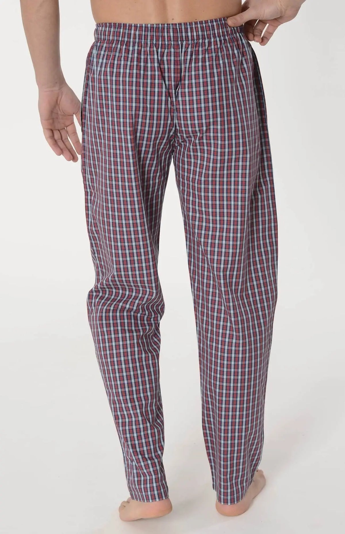 Pantalón de pijama largo para hombre de algodón popelín, con estampado de cuadros en tonos rojos y azules, ajuste holgado.
