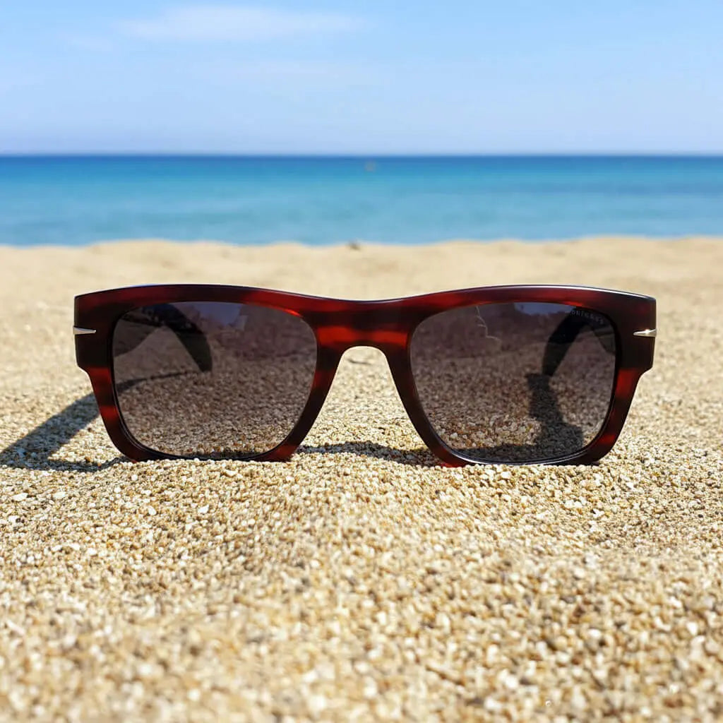 Gafas de sol de carey con montura cuadrada y lentes oscuras, apoyadas sobre la arena frente al mar en un día soleado.