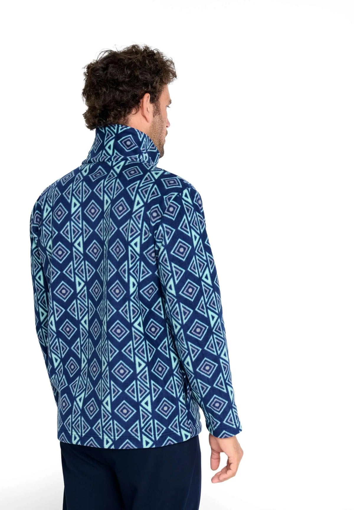 Chaqueta de pijama para hombre de forro polar azul con estampado geométrico y cuello alto, ajuste cómodo y cálido.