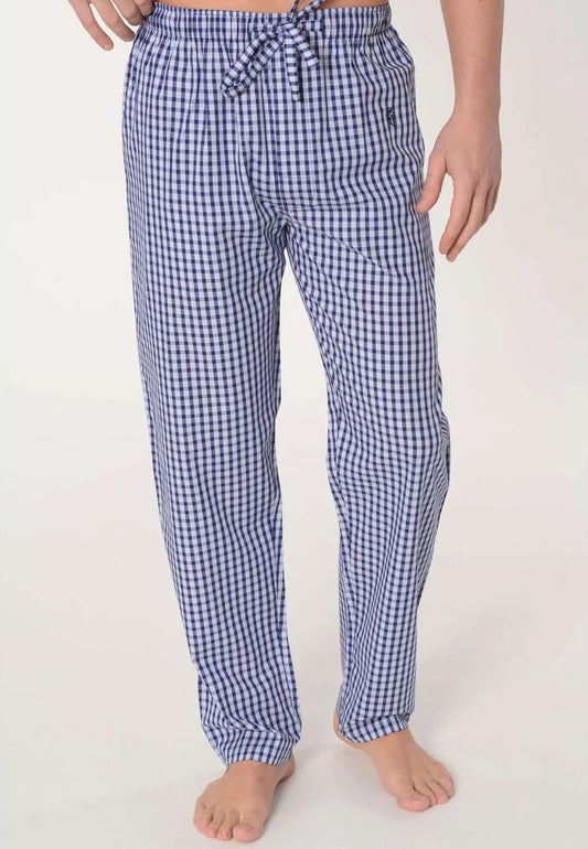 Pantalón largo de pijama para hombre en algodón popelín, estampado de cuadros azul y blanco, corte cómodo con cordón.