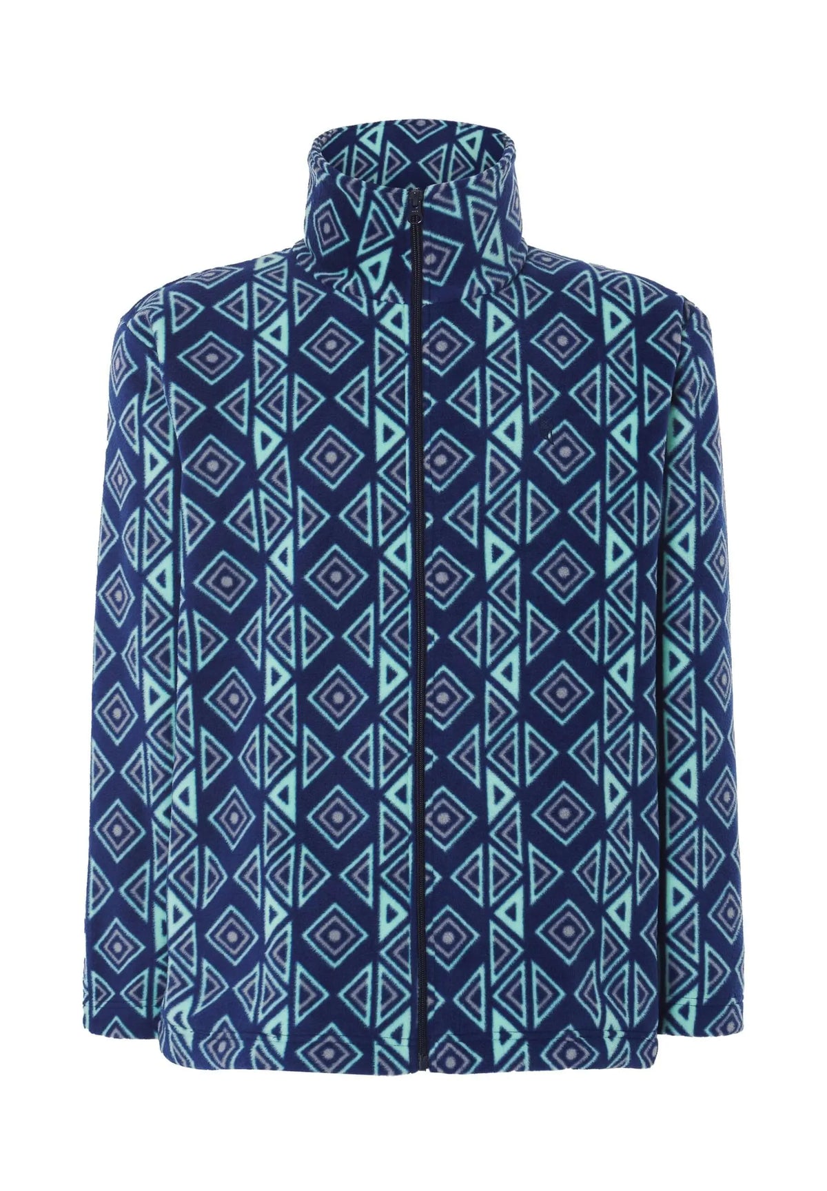 Chaqueta de pijama para hombre de forro polar azul con cuello alto, cremallera y estampado geométrico.