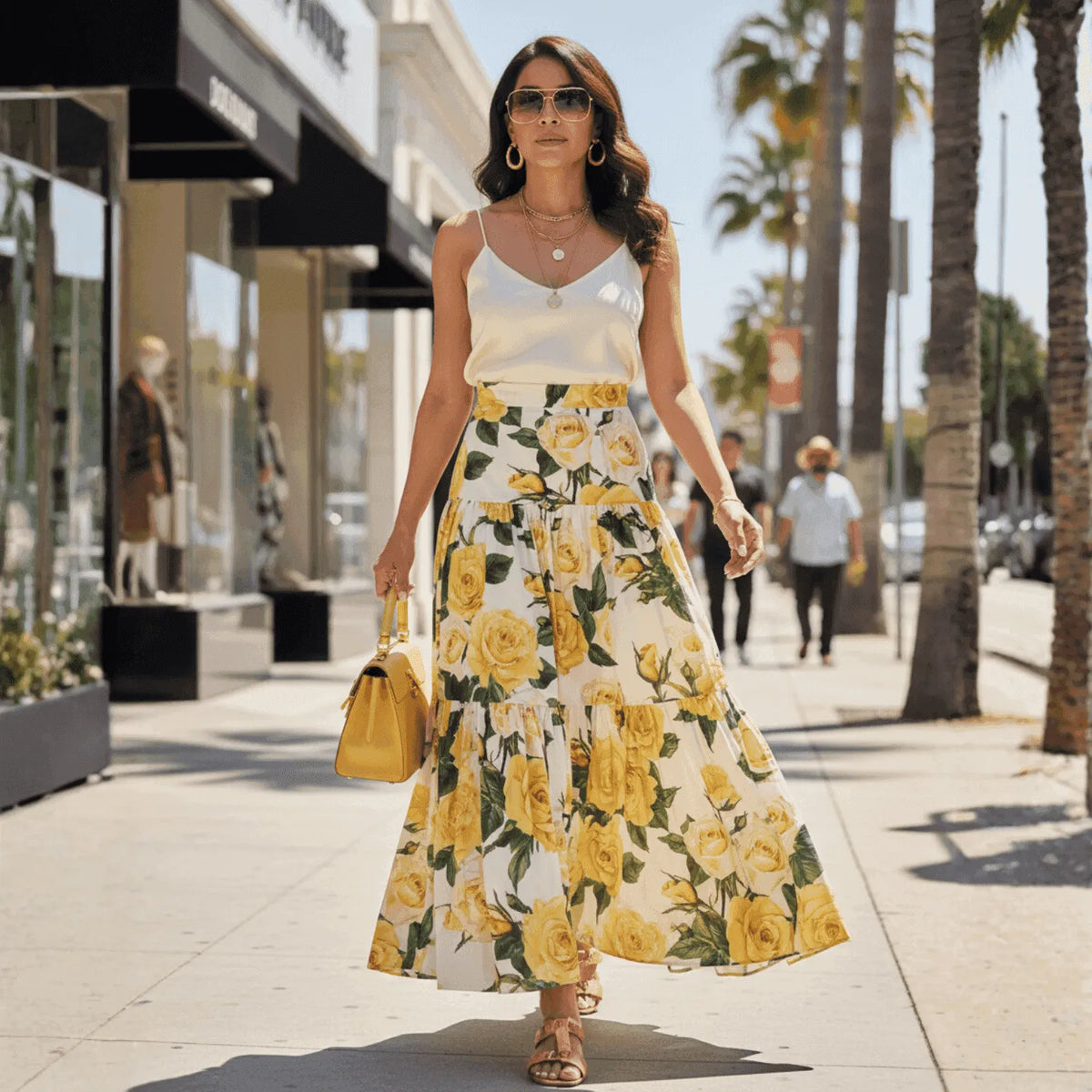 Woman wearing a white camisole and a tiered cotton maxi skirt with a vibrant yellow rose print on a sidewalk.