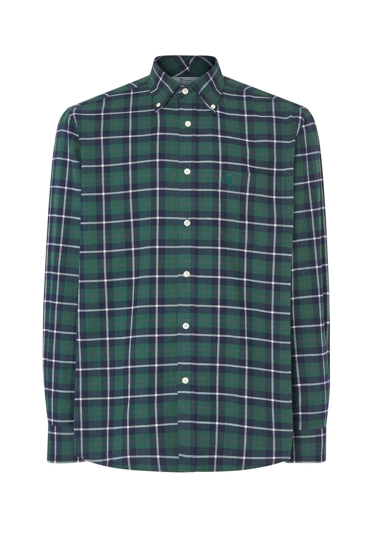 Camisa de hombre de franela de algodón en cuadros verdes y azul marino con bolsillo y botones, estilo casual clásico.