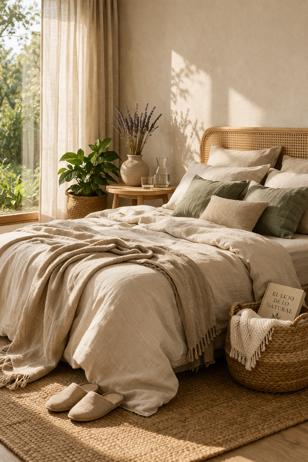 Dormitorio decorado con textiles naturales de lino y algodón orgánico en tonos tierra, cojines verdes, manta de flecos y jarrón con lavanda sobre mesita de madera