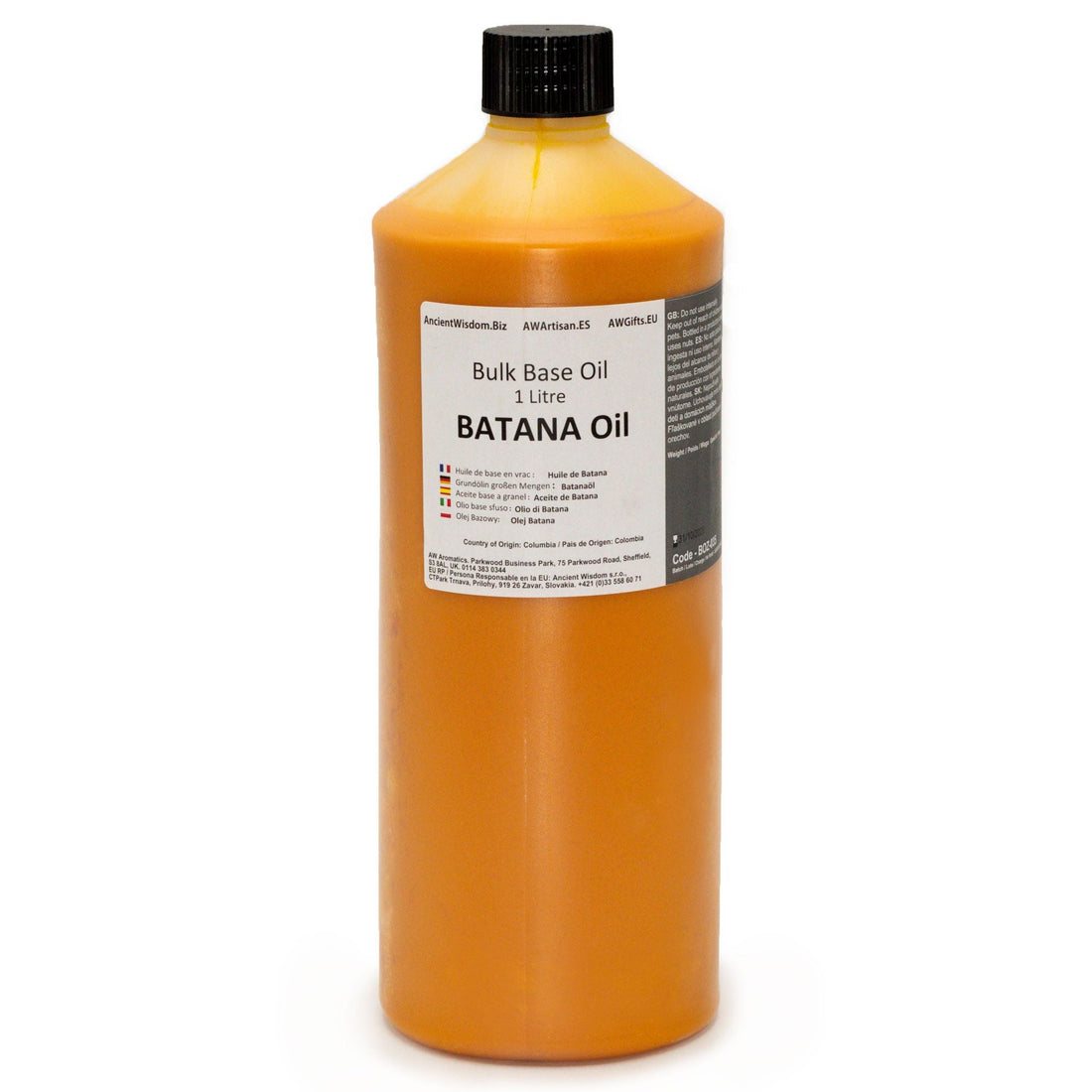 Una botella de plástico color naranja de 1 litro de aceite de Batana con tapón negro y etiqueta informativa blanca, aislada sobre fondo blanco.