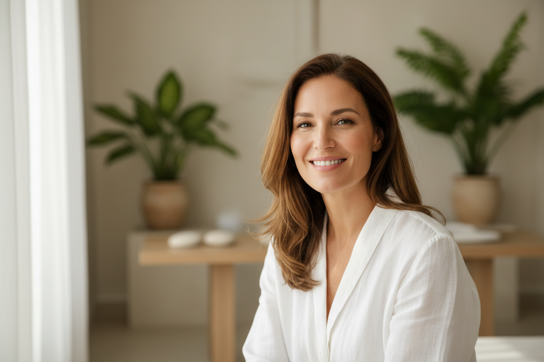 Woman in her 45s experiencing menopause wellness with natural supplements and healthy lifestyle