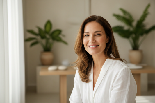 Woman in her 45s experiencing menopause wellness with natural supplements and healthy lifestyle