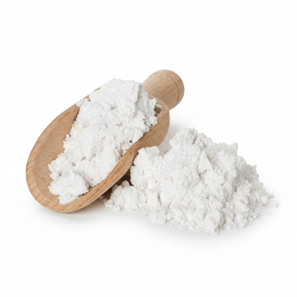 Peel-Off Beauty Face Mask white powder ingredient with wooden scoop on white background