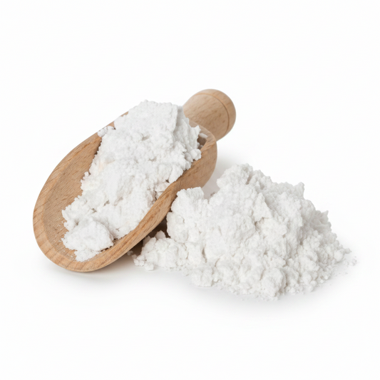 Peel-Off Beauty Face Mask white powder ingredient with wooden scoop on white background