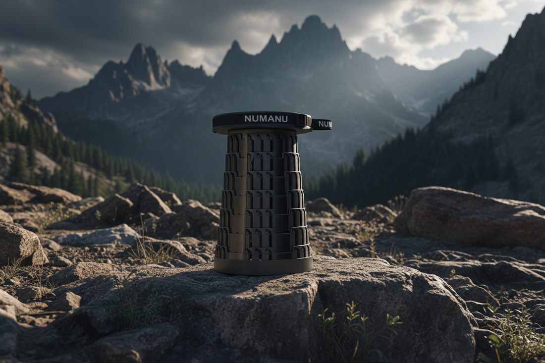 Collapsible stool with 620-lb capacity on rocky outdoor terrain — lightweight portable gear built for adventure